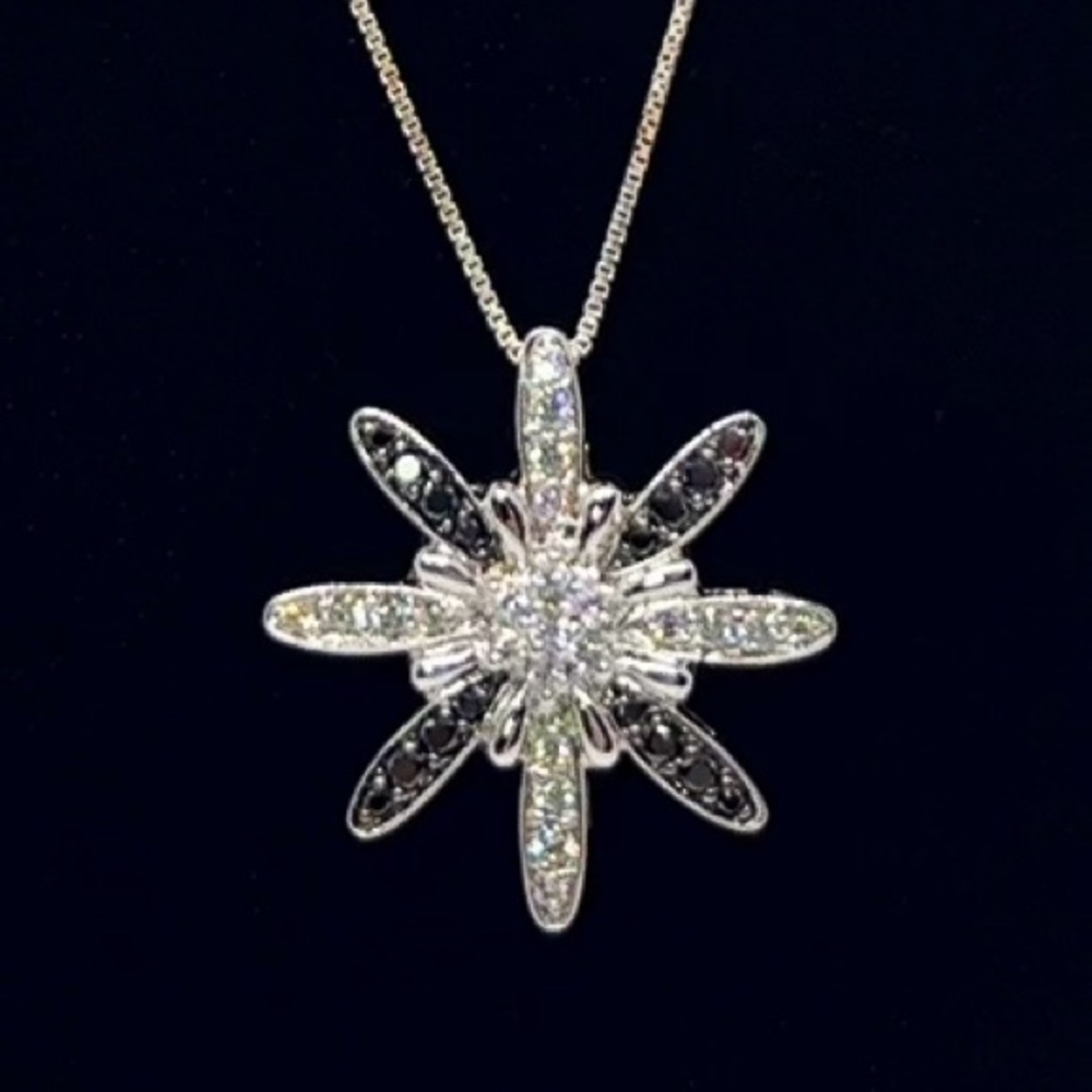 Sterling Silver Black & White CZ Starburst Pendant Necklace - Picture 2 of 6